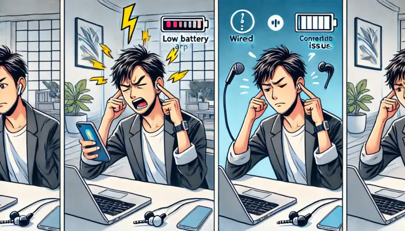 ワイヤレスイヤホンの電池切れで困っていた日本人男性が、有線イヤホンに切り替えて快適に使用している様子を描いたイラスト。片側には不安定な無線接続、もう一方には安定した音声再生が描かれている。
