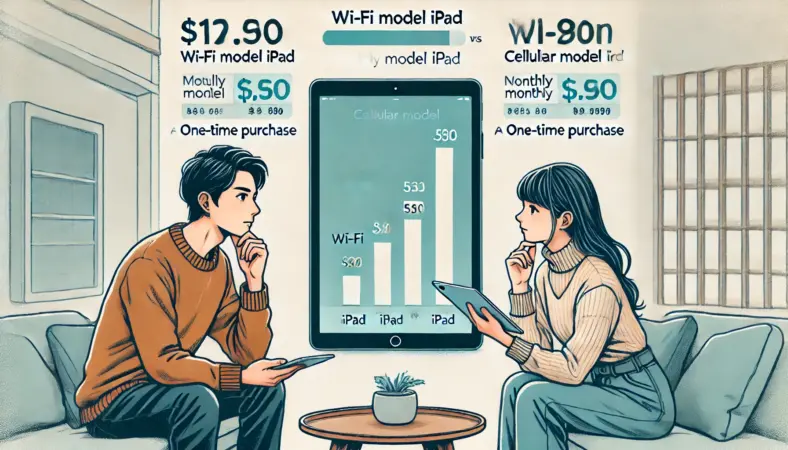 iPadのWi-Fiモデルとセルラーモデルの価格比較をしている日本人の男女のイラスト。セルラー版には月額費用が加算されており、二人は画面を見ながら真剣な表情を浮かべている。