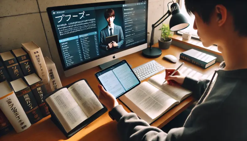 外部モニターとiPadを併用して、ノートと教材を同時に操作する東大生のような学習環境で勉強する日本人学生。