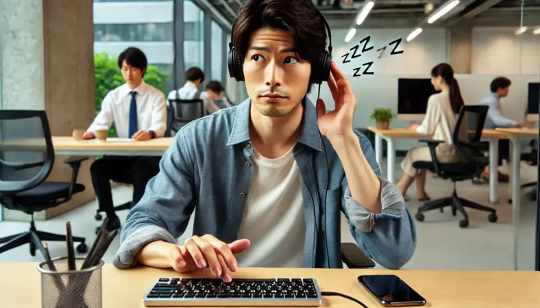 iPhoneで音設定を変更しても効果が現れず、悩む日本人ユーザーの上半身と表情。