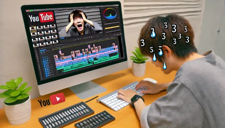 無料アプリで長尺動画を編集中の日本人が、iPadのタイムラインに圧倒されて疲れた表情を見せる様子。外部ストレージや操作デバイスがないことで作業が非効率になっている環境。