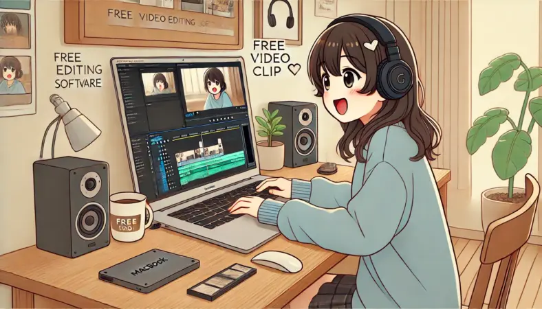MacBook Airで無料の動画編集アプリを使い、短尺動画を楽しそうに編集している日本人初心者のアニメ風イラスト。ヘッドホンや外付けSSDが並ぶ整ったデスクで、学びながらスムーズに作業している様子。