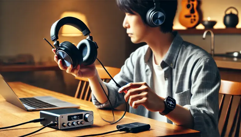 現代的な自宅で、有線接続とワイヤレス接続を切り替えながらオーバーイヤーヘッドホンを使う日本人男性。DACとの接続や快適な日常空間が、両立可能な高音質リスニング環境を表現している。