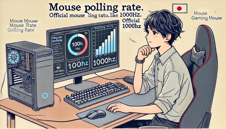 ゲーミングPCでマウスの現在のポーリングレート数値を確認している日本人ユーザーのイラスト