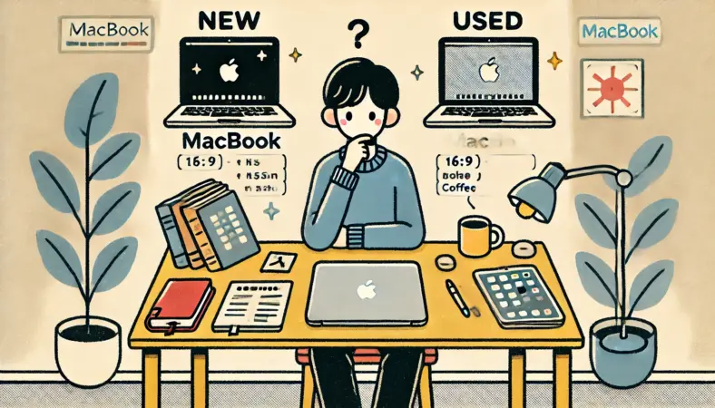 日本人ユーザーが新品のMacBookと中古のMacBookを比較しながら、日々の用途にどちらが適しているかを検討している様子を描いたイラスト。安心感と性能を重視する判断場面。
