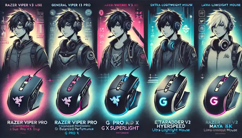 用途別に最適化された4種類のゲーミングマウスを比較するイラスト。日本人ゲーマーがつかみ持ち・つまみ持ち・被せ持ちのスタイルで各マウスを使い分けている様子が描かれている。マウスは光の演出付きで強調表示されている。