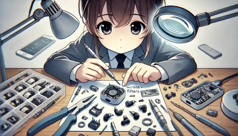 日本人の人物が破れたイヤホンフィルターの修理をしている様子。ピンセットと拡大ライトを使い、丁寧に作業している手元には交換用のパーツと工具が整然と並んでいる。