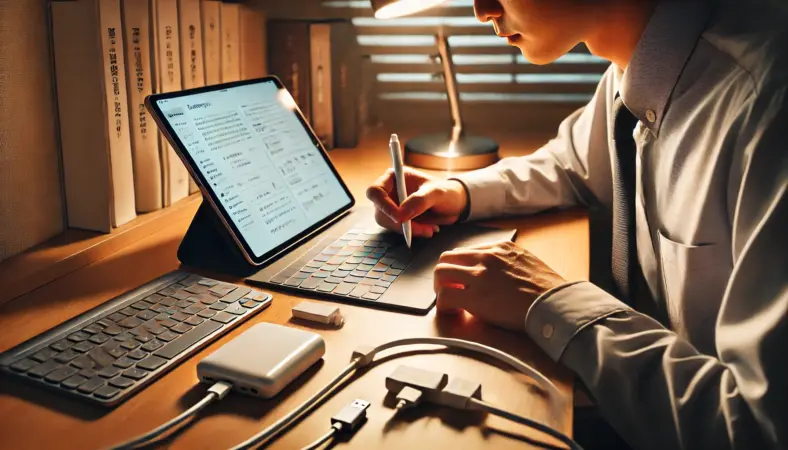 有線LAN・SDカード・USBハブで拡張されたiPad環境で、限られた時間に集中して学習する日本人社会人の夜間学習風景。