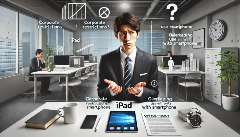 iPadを前に使い道に悩む日本人社会人。スマホとの重複や会社の制約を示す書類、使われていない周辺機器が並ぶ現代的なオフィス風景。