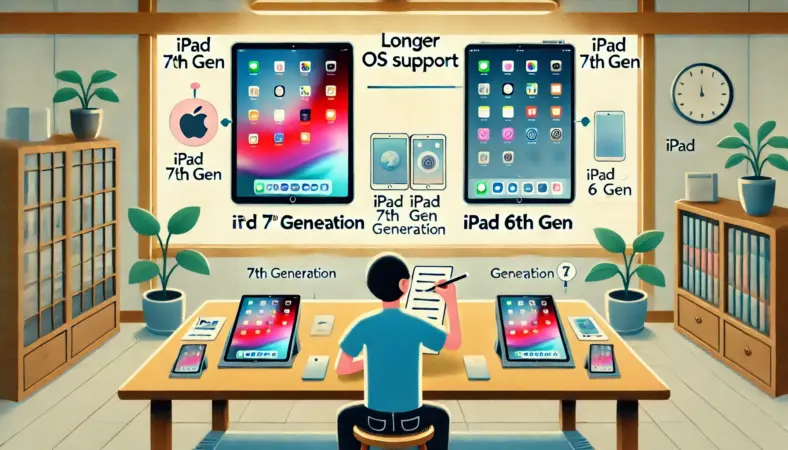 iPad第6世代と第7世代の2台を比較しながら、OSサポート期間の違いを確認している日本人ユーザーのイラスト。第7世代の方に注目してメモを取りつつ、長期的な利用価値を評価している場面。