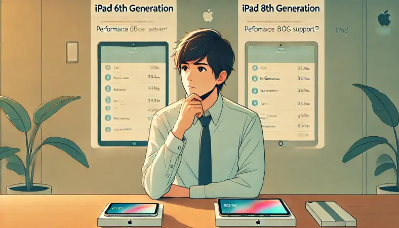 iPad第6世代と第8世代を机に並べて比較し、アップグレードを検討する日本人男性のイラスト。性能差とサポート期間の違いをチェックする様子を表現。