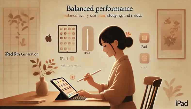 木製テーブルで第9世代のiPadを快適に操作する日本人女性のイラスト。バランスの取れた性能とアクセサリの豊富さを象徴し、安心して使える様子を描写。