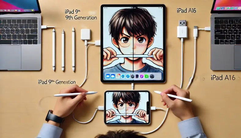 第9世代iPadとiPad A16を比較し、第1世代Apple Pencilの接続方式の違いに戸惑う日本人の様子