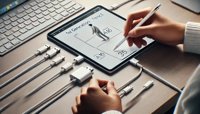 日本人の手元が、USB-Cアダプタとケーブルを使って第1世代Apple PencilをiPad A16に接続している様子。接続の複雑さが伝わるクローズアップシーン。