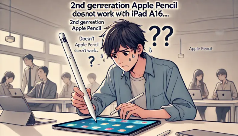 第2世代Apple PencilをiPad A16に装着したものの反応せず、困惑する日本人の人物が描かれた、非対応の状況が分かるシーン