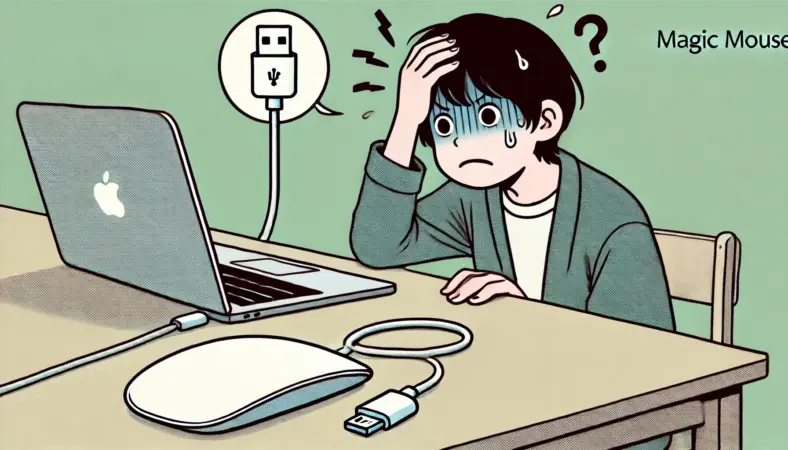 MacBookの横でMagic Mouseを充電しながら使おうとして困っている日本人ユーザーのイラスト。マウスが裏返しで充電中のため操作できず、非効率さに戸惑っている様子が描かれている