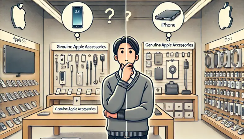 Apple Storeと家電量販店のどちらで純正アクセサリを購入するか迷う日本人のイラスト