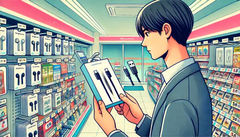 コンビニのスマホアクセサリ売場でUSB-C関連製品を確認する日本人のイラスト