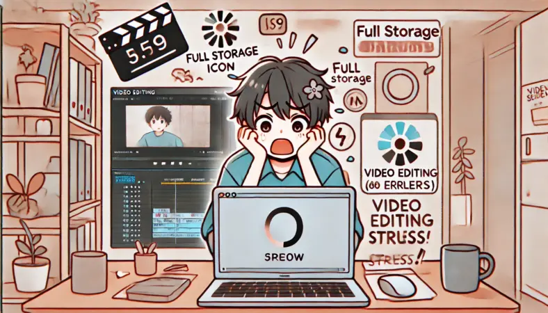 MacBook Airで動画編集中にプレビューが遅延し、ストレージ満杯やエラー表示に囲まれてストレスを感じている日本人ユーザーの様子を描いたアニメ風イラスト。小さなデスクに座り困惑した表情をしている。