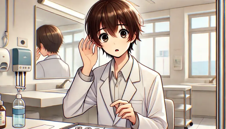 耳を軽く触りながら不安そうに様子を確認している日本人の人物。室内には鏡や机があり、耳の中に異物が入ったかもと心配している様子を穏やかに描写している。