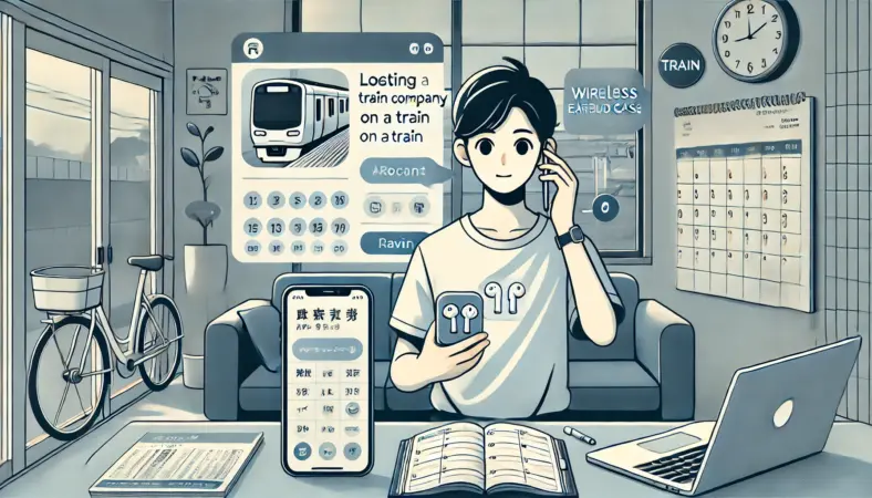駅のホームでワイヤレスイヤホンのケースを無くしてしまい、ポケットやバッグを不安そうに確認している日本人の様子を描いたイラスト
