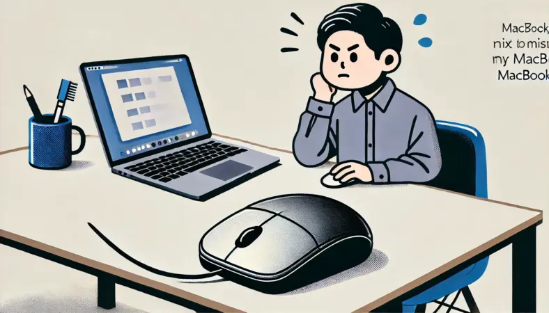 スタイリッシュなMacBookの横に置かれた、デザインがミスマッチな光沢感あるマウスを見て、違和感を感じている日本人ユーザーのイラスト。美的統一感の欠如が強調されている