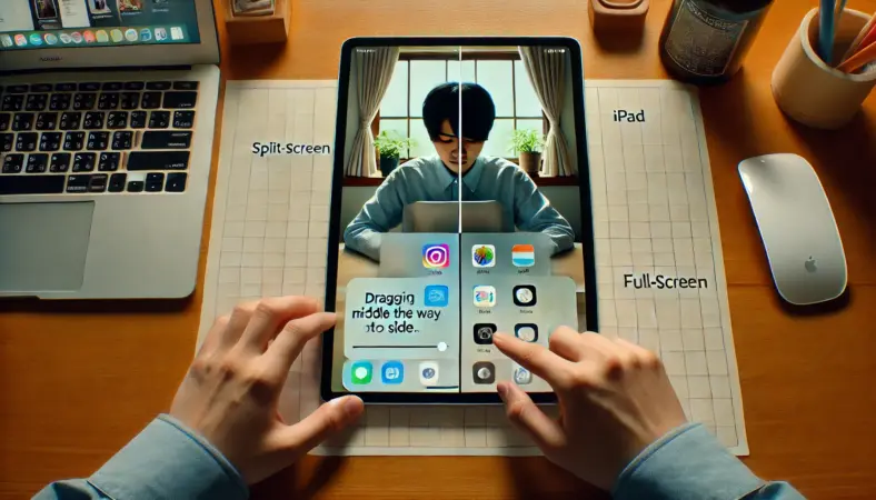 日本人ユーザーがiPadの分割画面からフルスクリーンへ戻すために、中央のバーをスライドして片方のアプリを閉じている様子
