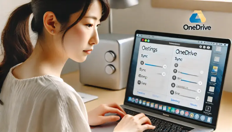 MacBookでOneDriveの同期設定やストレージオプションを確認している日本人女性。自宅の整ったデスクで集中して設定を見直している場面。