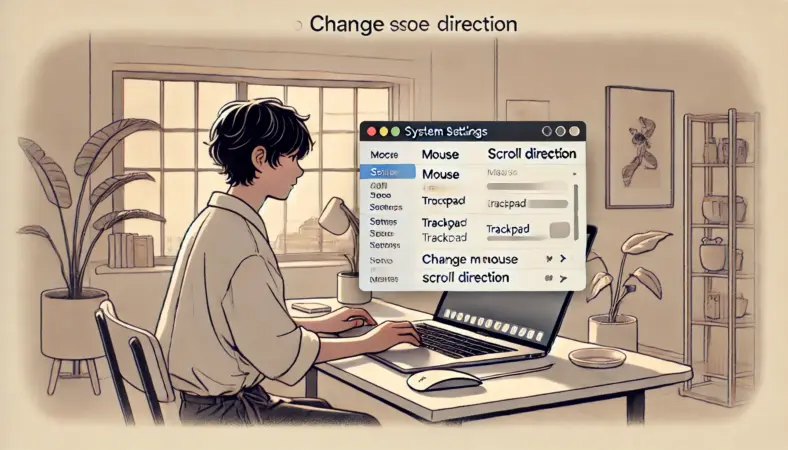 MacBookの設定画面でマウスとトラックパッドのスクロール方向を調整する日本人ユーザーのイラスト。落ち着いた室内環境で操作に集中している様子。