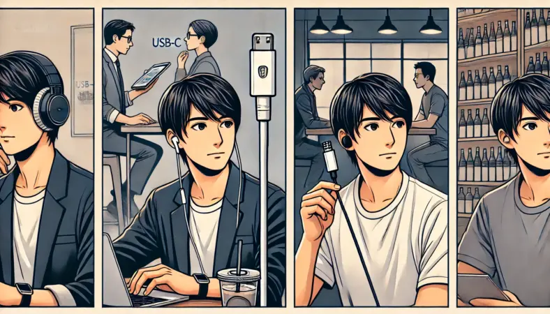 iPhone15の設定画面をチェックして、音が出ない原因を探る日本人キャラクターのイラスト