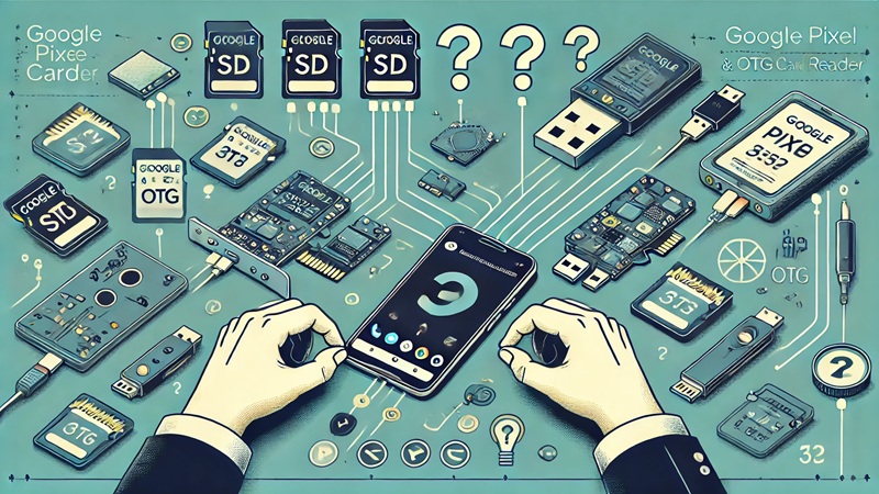 SDカードやカードリーダーをPixelと組み合わせて、順に確認するトラブルシューティング風景。