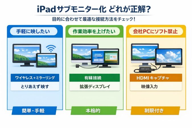 iPadデュアルディスプレイの選び方を3ルートで整理した分岐図（mac・Windows・有線・無線・拡張表示・映像入力の目安）