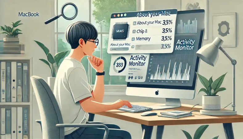 日本人男性がMacBookで「このMacについて」やアクティビティモニタを確認し、自分のマシンのチップやメモリ構成、CPU・メモリ使用状況を分析している様子を描いたイラスト。ボトルネックを特定するための観察が視覚的に表現されており、現代的で整理されたワークスペースが描かれている。