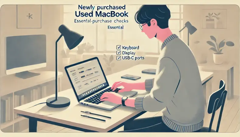 中古MacBookを使い始めた日本人ユーザーが、キーボードや画面、端子などをチェックしている様子を描いたイラスト。初期トラブルを見逃さないための重要な確認作業を表現。