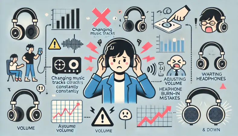 曲を頻繁に変えたり音量を上下させたり、装着位置を安定させていない日本人ユーザーのイラスト。失敗につながる行動を示す警告アイコンと混乱した表情が描かれている