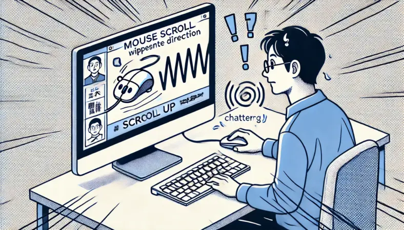 マウスを下にスクロールしているのに画面が上に動いて驚いている日本人ユーザーのイラスト。チャタリングによる誤動作を視覚的に表現。