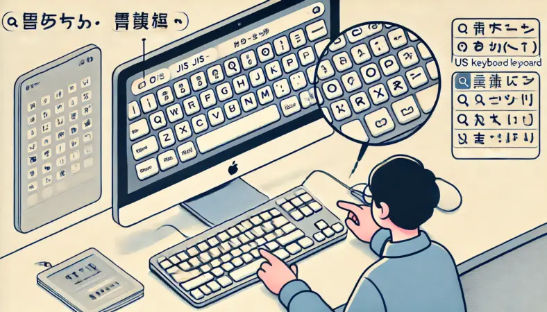 MacキーボードのJIS配列とUS配列の違いを比較しながら、キーの形や記号の配置を確認している日本人ユーザーのイラスト。拡大表示されたキー配列も見える。