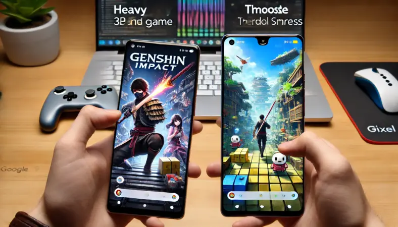 2台のPixel 9で異なるゲームをプレイする日本人。重い3Dゲームと軽いパズルゲームを比較しており、発熱やカクつきの差が視覚的に描写されている。
