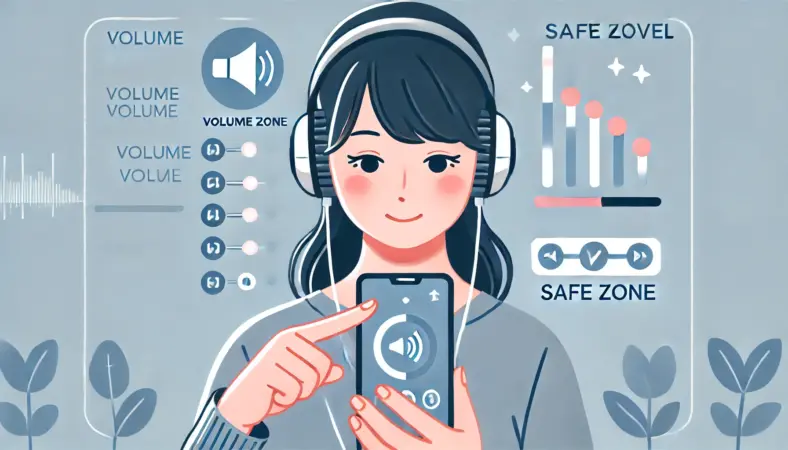音量調整中の日本人ユーザーのイラスト。音量バーと安全ゾーン、耳を守るアイコンが表示されており、適切な音量設定の目安を視覚的に説明している