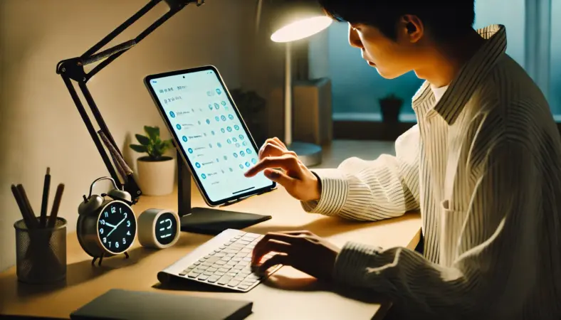 勉強用の設定を見直して、通知をオフにし、タイマーを使いながら集中環境を整えている日本人学生。