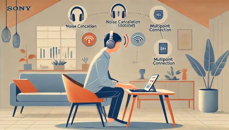 高品質なワイヤレスヘッドホンを使って快適に仕事や音楽を楽しむ日本人のイラスト。ノイズキャンセリングやマルチポイント接続の視覚的要素が描かれ、長期利用に適した満足感のある環境が表現されている。