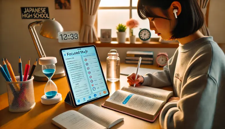 iPadのホーム画面を学習用に整理し、タイマーを使って集中力を維持しながら勉強に取り組む日本人高校生。