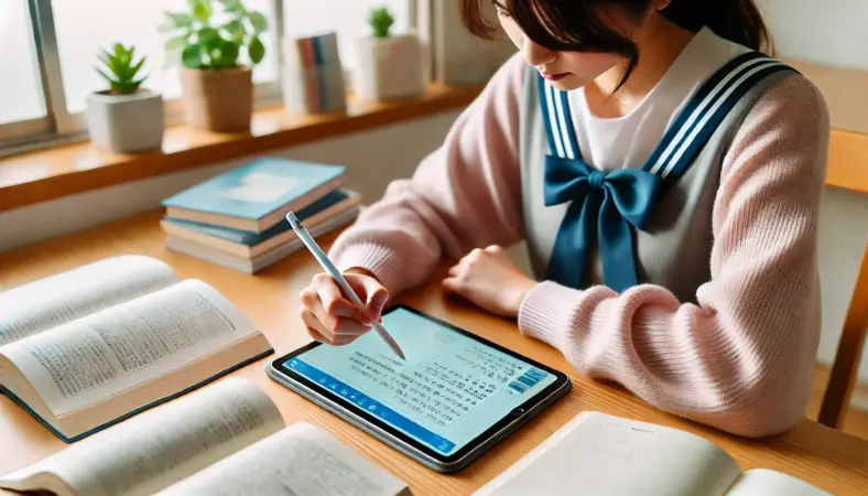 日本人の高校生がiPad AirにApple Pencilでノートを書き込んでいる学習シーン。明るく整理されたデスク環境で、デジタル勉強が効率よく進められている様子。