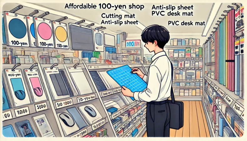 日本の100円ショップで、カッターマットや滑り止めシート、PVCデスクマットなどを選んでいる日本人のイラスト。整然とした店内で、マウスパッドの代用品を探している様子が描かれている。