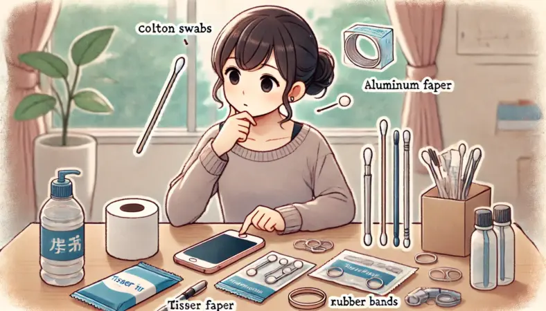 綿棒、アルミホイル、ティッシュ、輪ゴムなどをテーブルに広げ、スマホ用のタッチペン代用品としてどれを使うか真剣に考えている日本人の人物を描いた家庭内のイラスト。