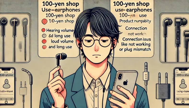 日本人のiPhoneユーザーが100均のイヤホンを手に取り、安全性と互換性について考えているイラスト。背景には、長時間の大音量使用による聴覚リスクと、マイクが使えない・端子が合わないといった互換性の問題が対比的に描かれている。静かで清潔な室内環境。