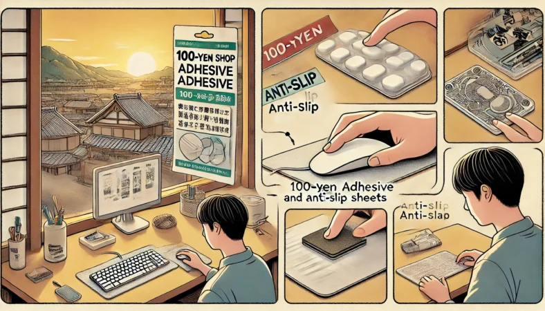 日本人の人物が100円ショップで購入した耐震ジェルシートや滑り止めシートを使って、マウスパッドの四隅を固定している様子。机上には複数の代用品が並び、効果を比較している様子も描かれている。
