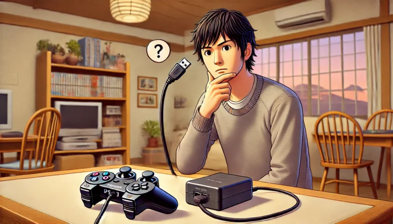 日本の家庭内で、PS3コントローラーを100均のUSB充電器に接続しているが充電がうまくいかず、日本人男性がケーブルや充電器を不安そうに確認している様子。周囲には生活感のある家具や本棚がある。