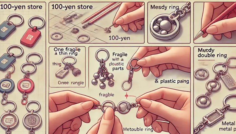 日本人女性の手元にある2つのキーボード型キーホルダーを比較。1つは細いリングで壊れやすく、もう1つは二重リングでしっかりした構造。