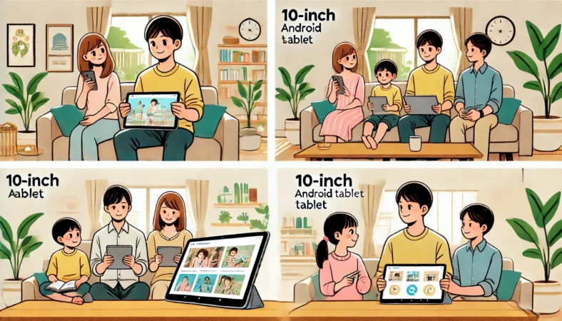 日本人の家族がリビングで10インチのAndroidタブレットを共有し、動画視聴やネット閲覧、メモアプリなどを各々で楽しんでいる様子のイラスト。日常使いにちょうどよいサイズ感が伝わる構成